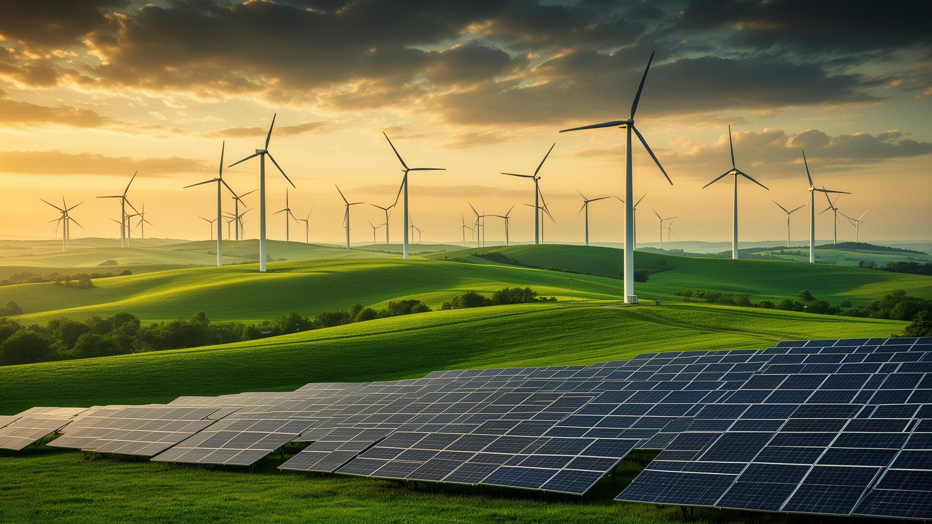 Wind turbines and solar panels at golden hour